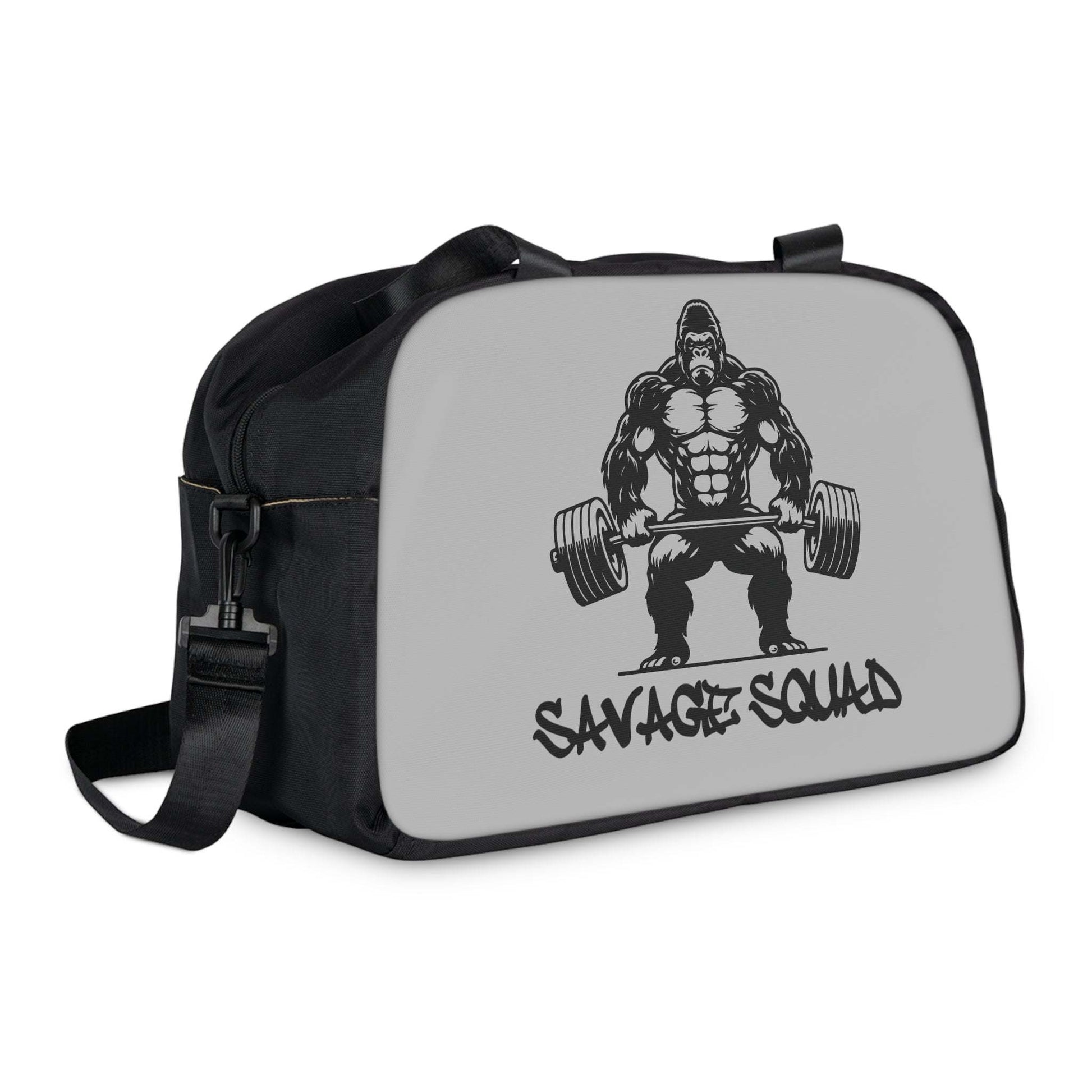 Savage Squad Fitness Bag featuring a gorilla graphic, with adjustable shoulder strap and sturdy handle.