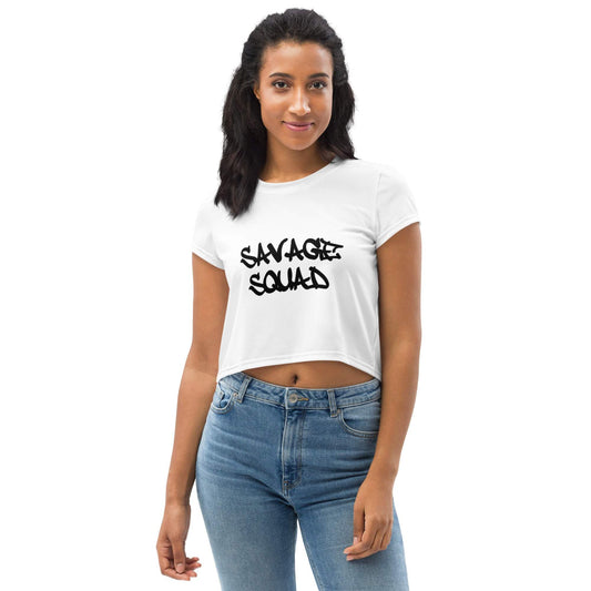 Women's Logo Crop Tee in white with bold "Savage Squad" print, featuring a comfortable fit and stylish design.