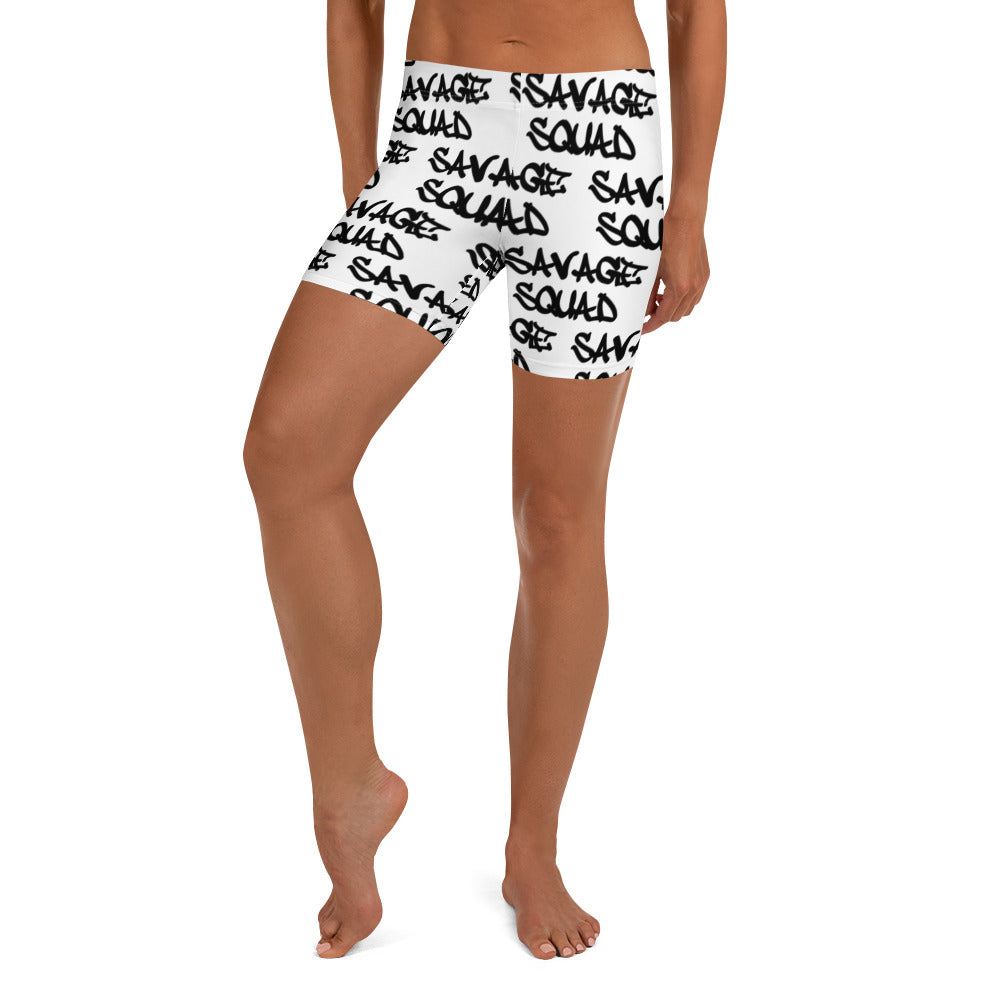 Savage Squad Logo Gym Shorts, black and white print, comfortable fit, athletic wear.