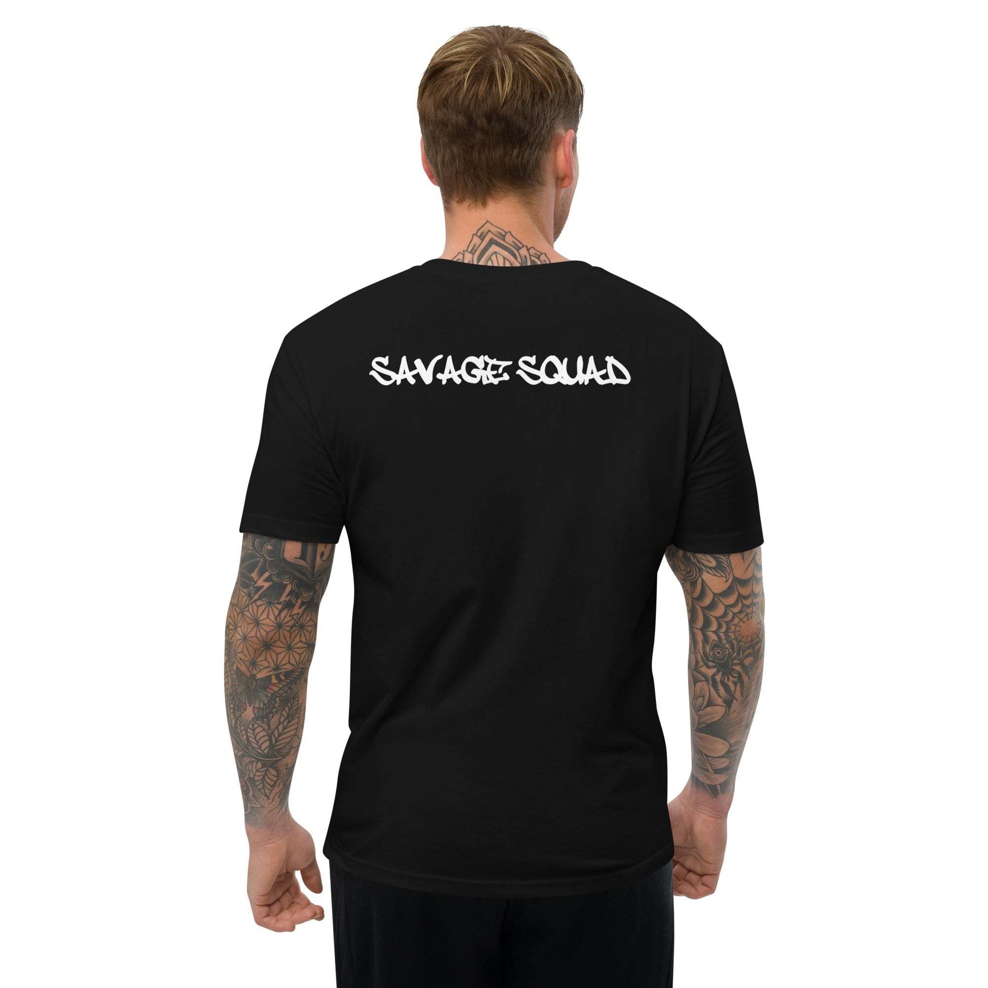 Black logo tee featuring "Savage Squad" text on the back, stylish and fitted.