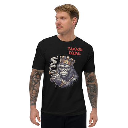 Man wearing KING DOC Edition Tee with gorilla and crown design, black t-shirt, comfortable and lightweight.