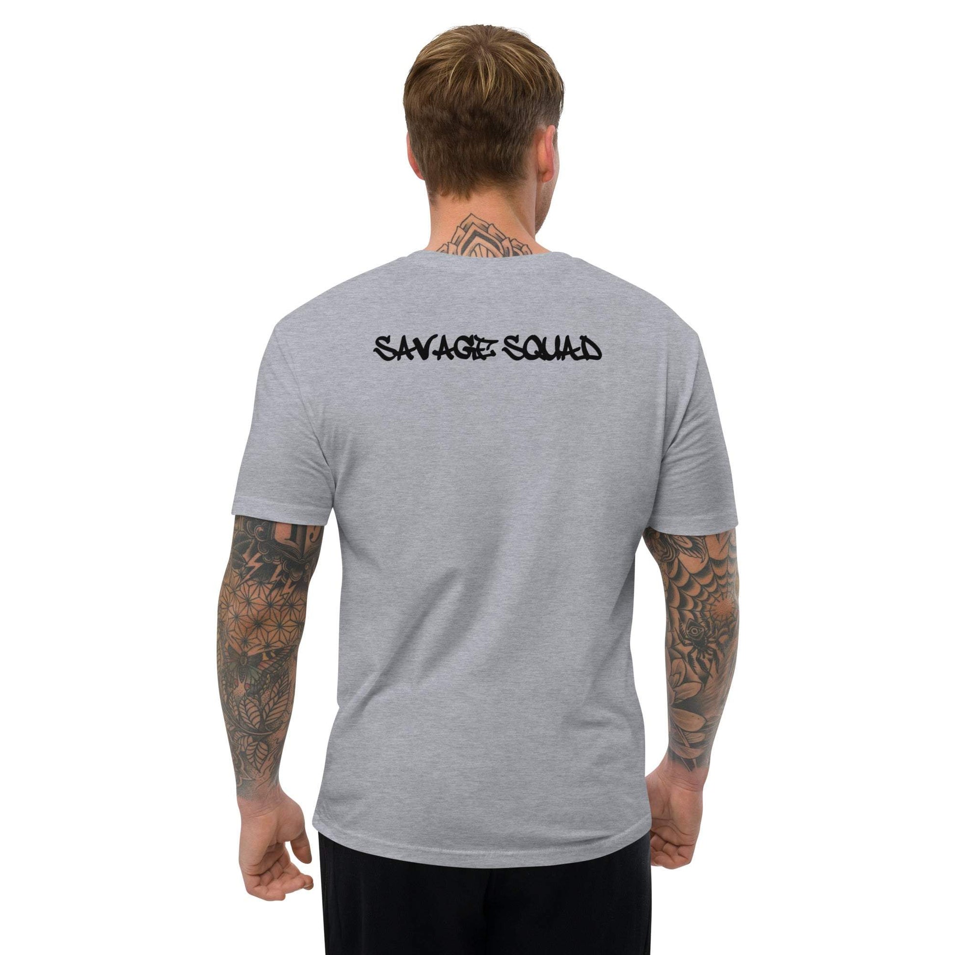 Gray Logo Tee with "Savage Squad" on the back, modeled by a person with tattoos.