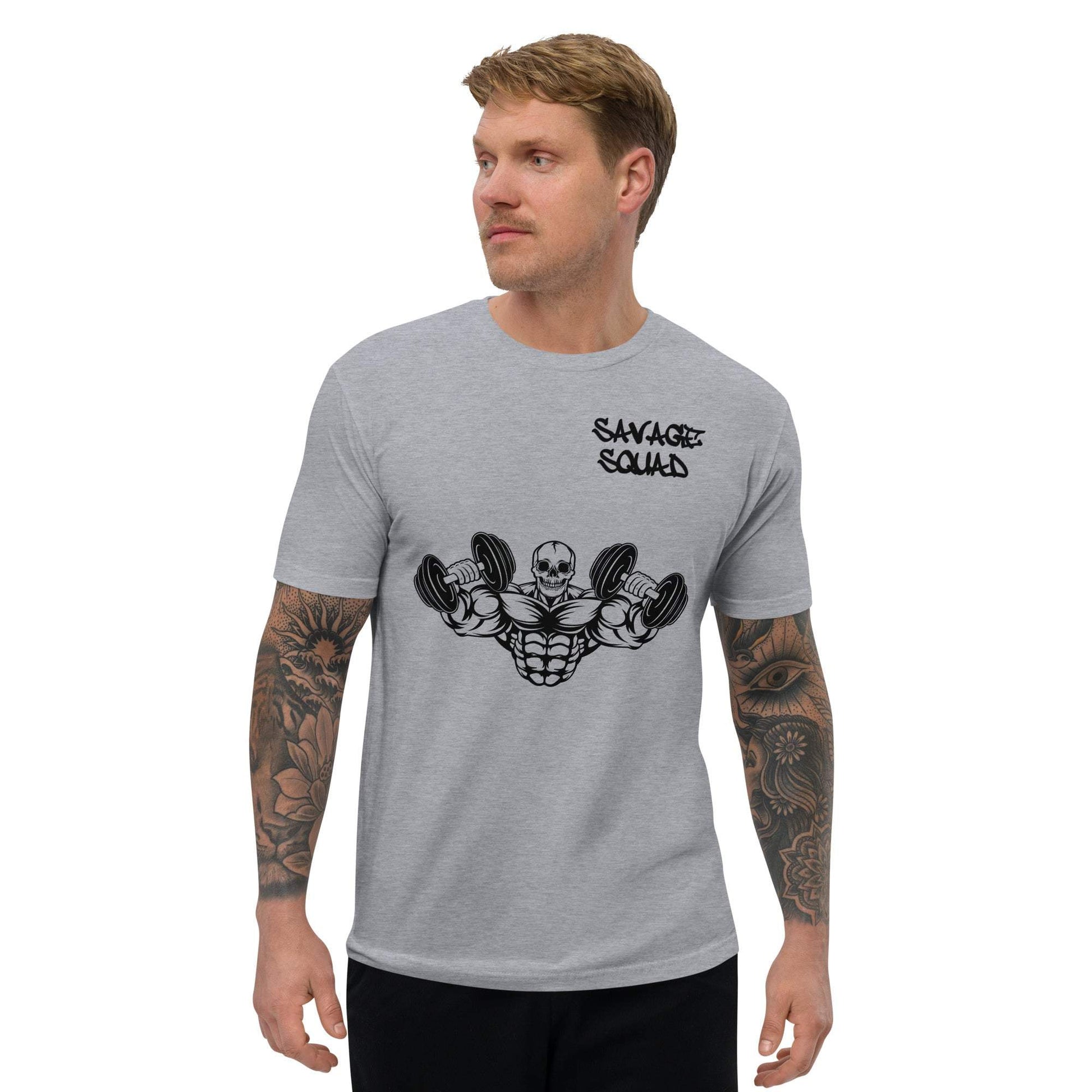 Men's muscle tee in heather grey with graphic design, model wearing short sleeves showcasing soft and lightweight fit.