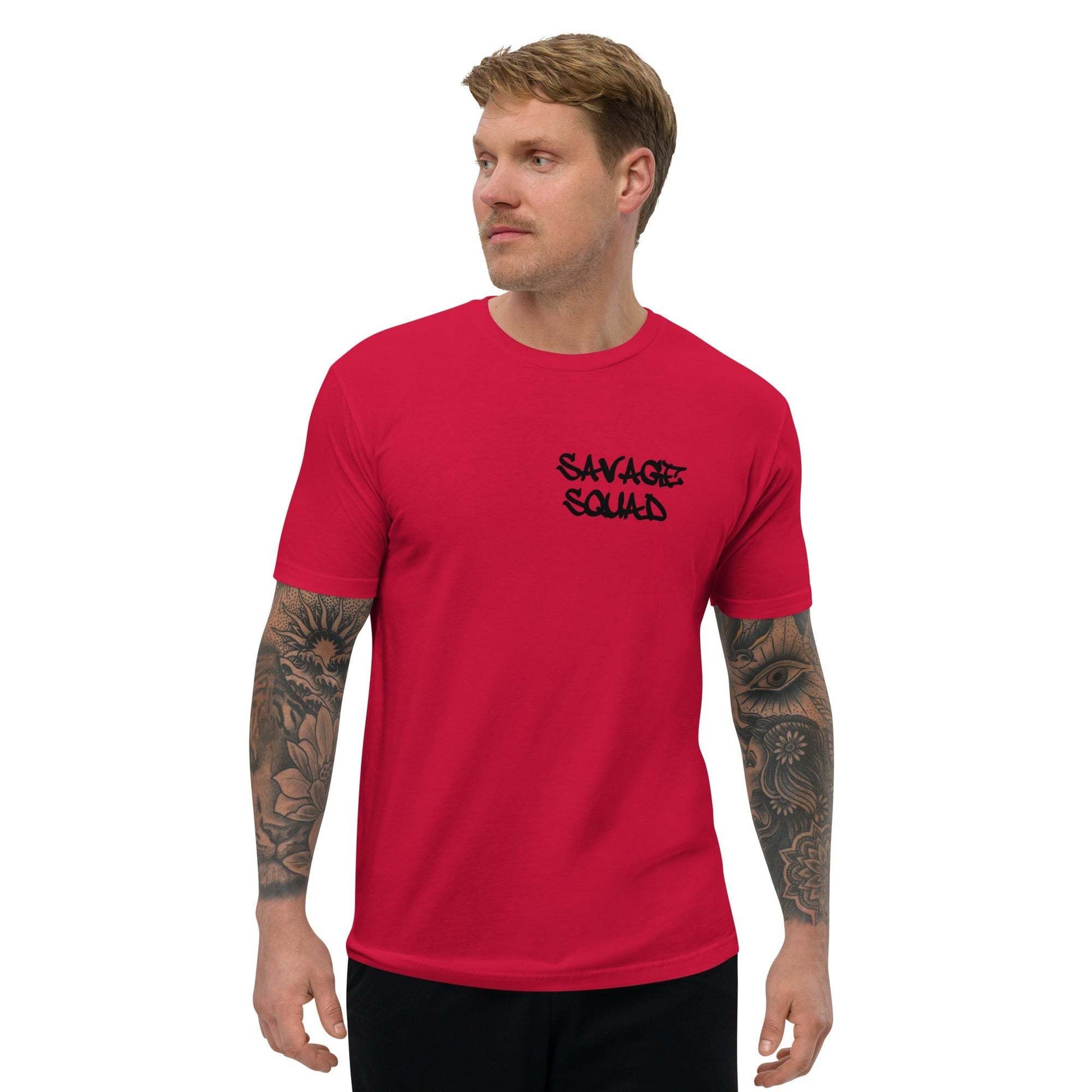 Red logo tee with "Savage Squad" design, worn by a male model.