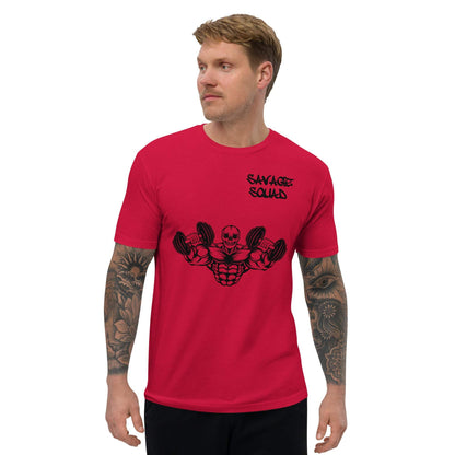 Men's muscle tee in red with "Savage Squad" design, showcasing soft, lightweight cotton fabric.
