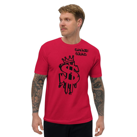 Red Men's Money Tee with bold money symbol graphic and "Savage Squad" text.