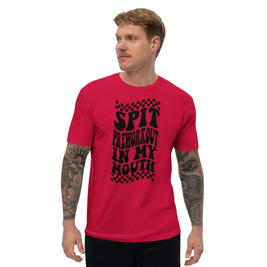 Men's pre-workout tee in red with bold black graphic text design.
