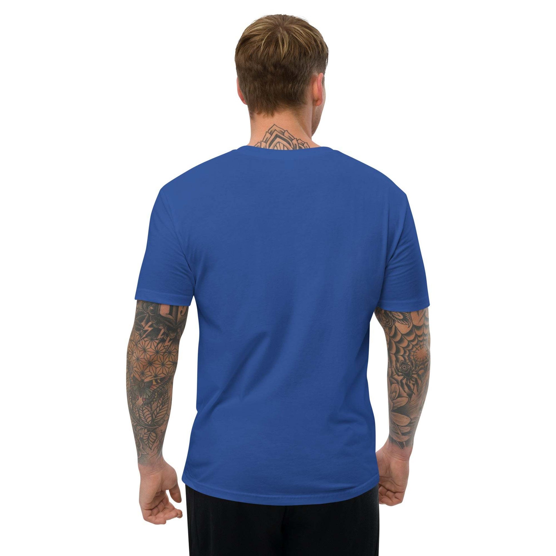 Men's Muscle Tee in blue, back view, soft and lightweight fabric.