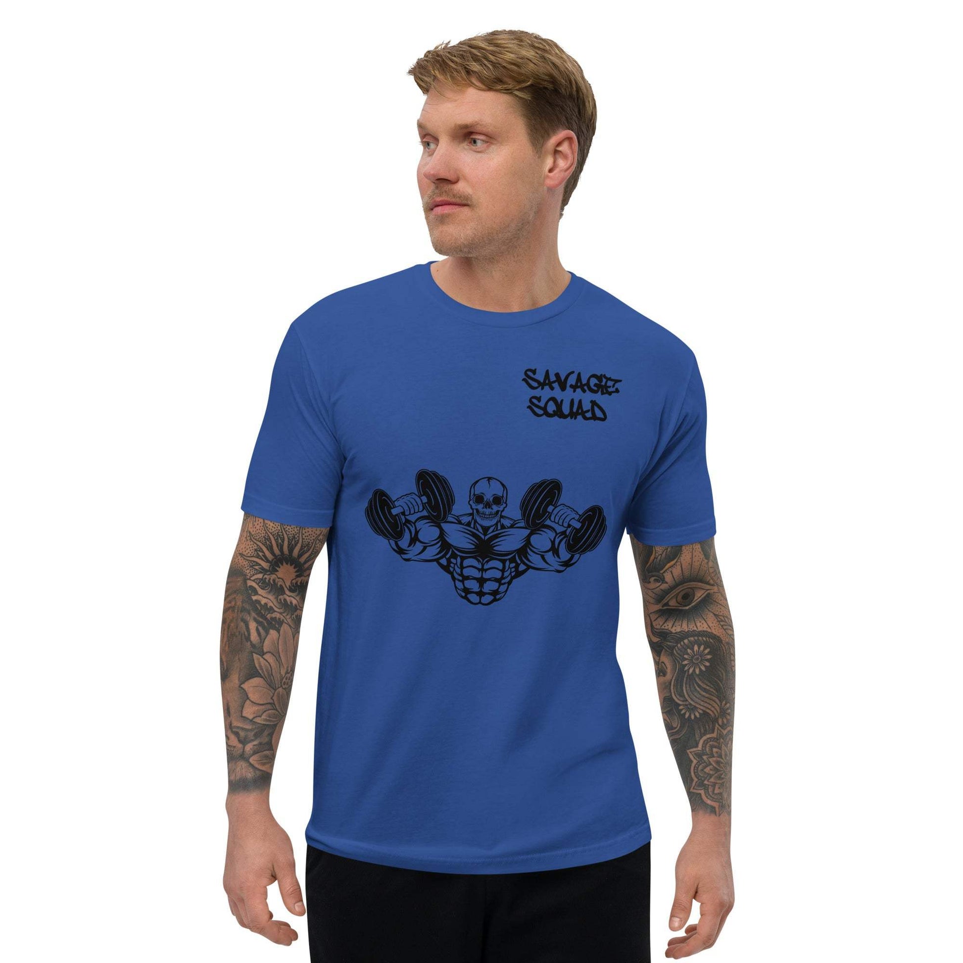 Blue men's muscle tee with "Savage Squad" graphic, comfortable and form-fitting, ideal wardrobe staple.