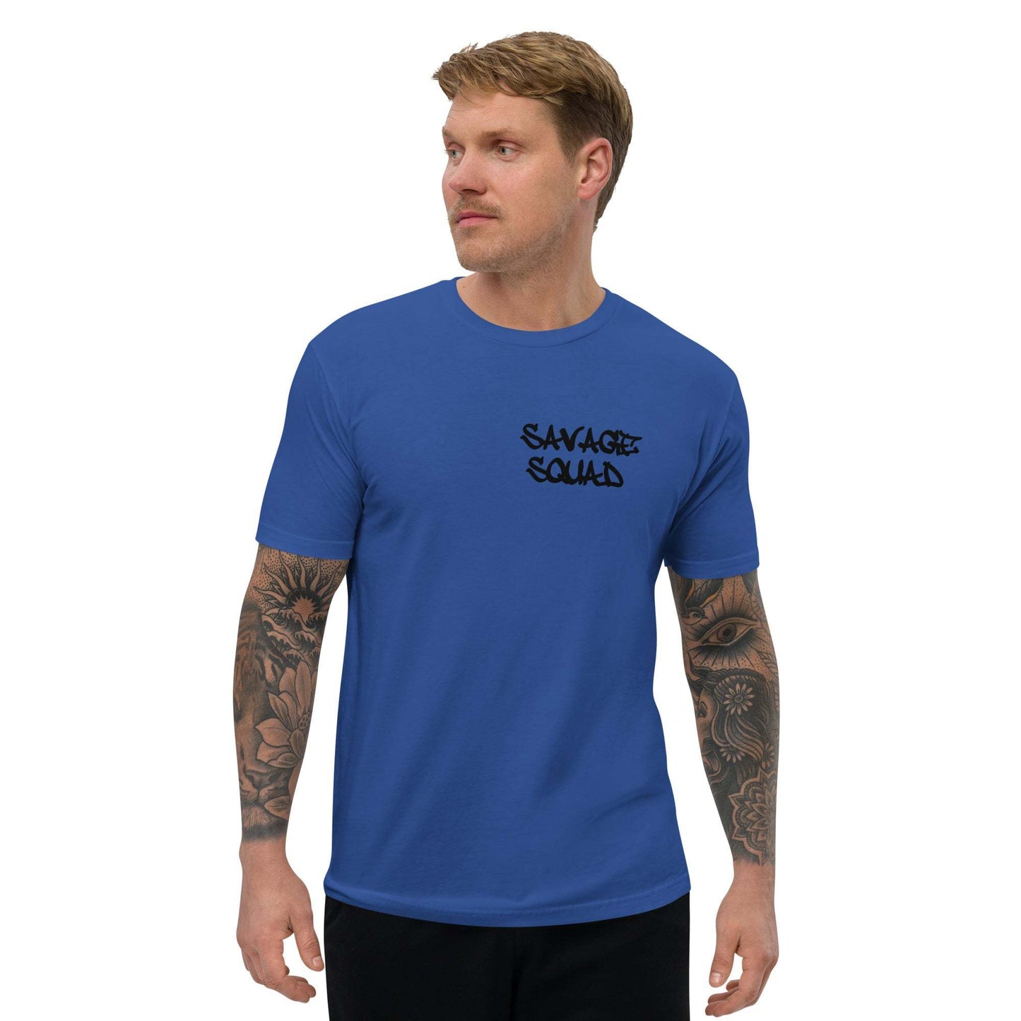 Blue logo tee with "Savage Squad" print, short sleeves, fitted style.