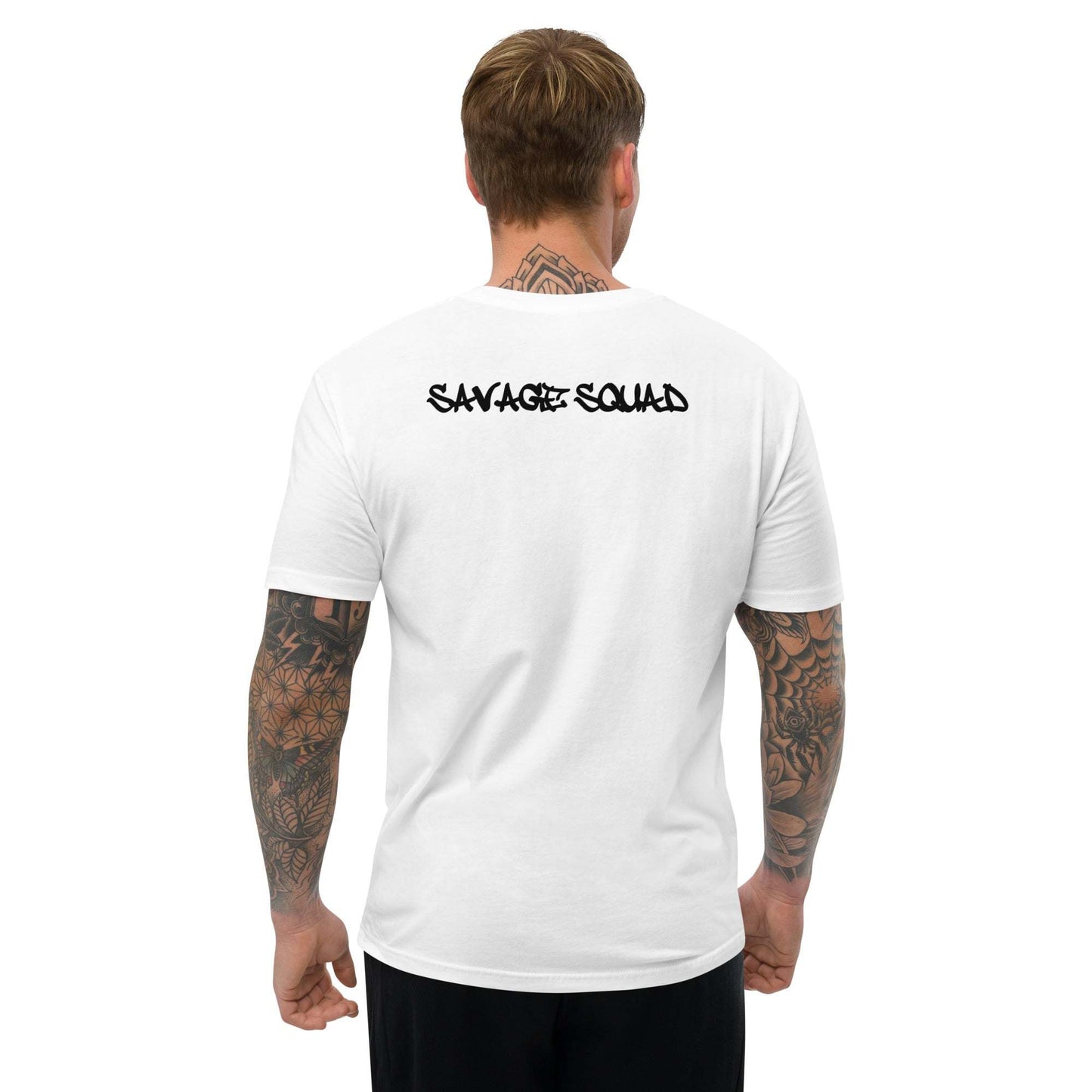 White fitted logo tee with "Savage Squad" text on the back, worn by tattooed male.