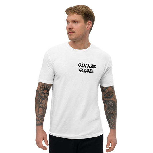 Man wearing white Logo Tee with "Savage Squad" text design.