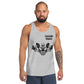 Men's Muscle Tank with graphic design, gray color, worn by a model.