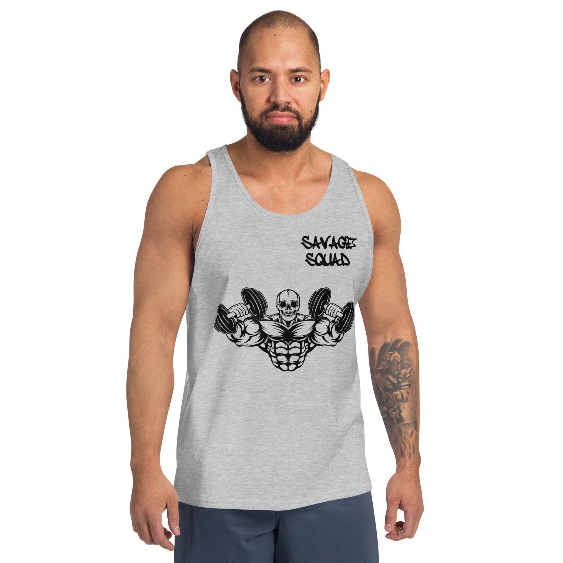 Men's Muscle Tank with graphic design, gray color, worn by a model.