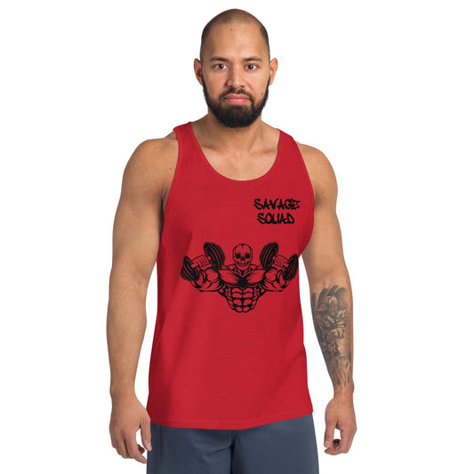 Red men's muscle tank top featuring a bold graphic design.