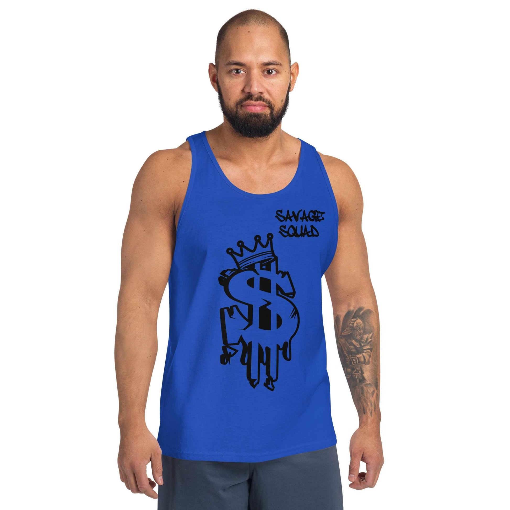 Men's Money Tank in blue with dollar symbol graphic, worn by a model.