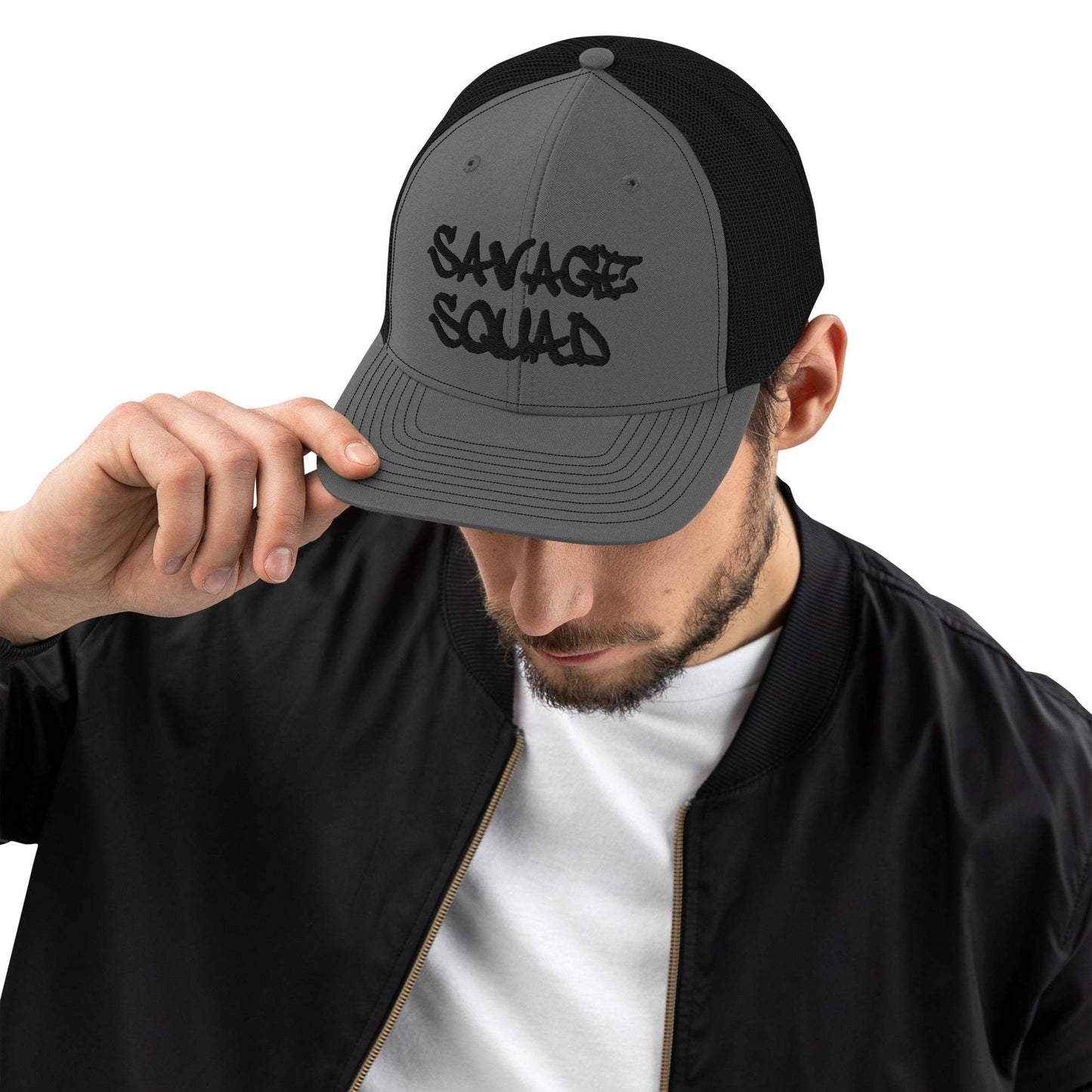 Savage Squad Snapback cap with structured fit, adjustable snapback, and curved visor.