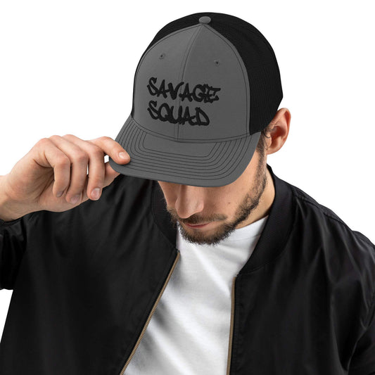 Savage Squad Snapback cap with structured fit, adjustable snapback, and curved visor.