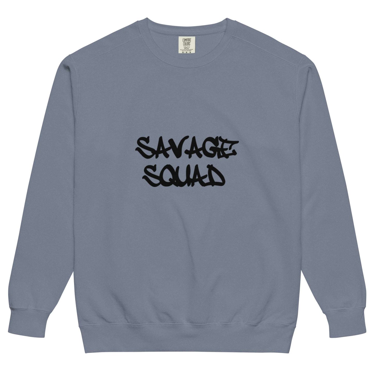 Vintage-style logo crewneck sweatshirt with "Savage Squad" text, soft fabric, relaxed fit.