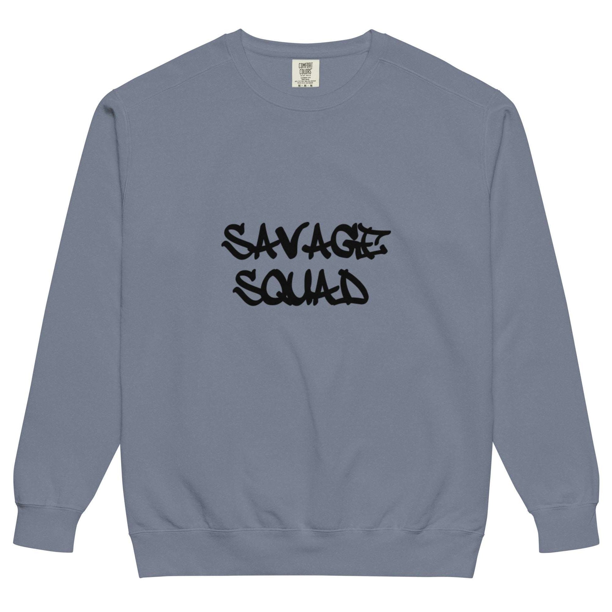 Vintage-style logo crewneck sweatshirt with "Savage Squad" text, soft fabric, relaxed fit.