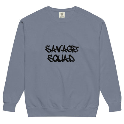 Vintage-style logo crewneck sweatshirt with "Savage Squad" text, soft fabric, relaxed fit.