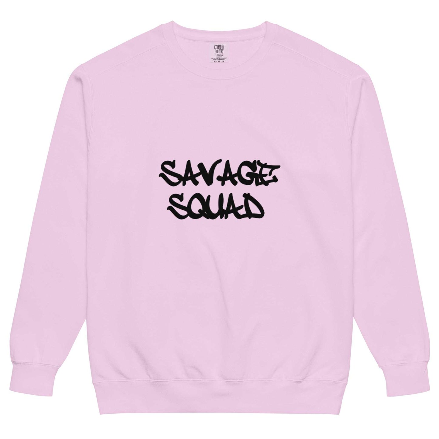 Vintage-inspired logo crewneck sweatshirt in pastel pink with "SAVAGE SQUAD" print.