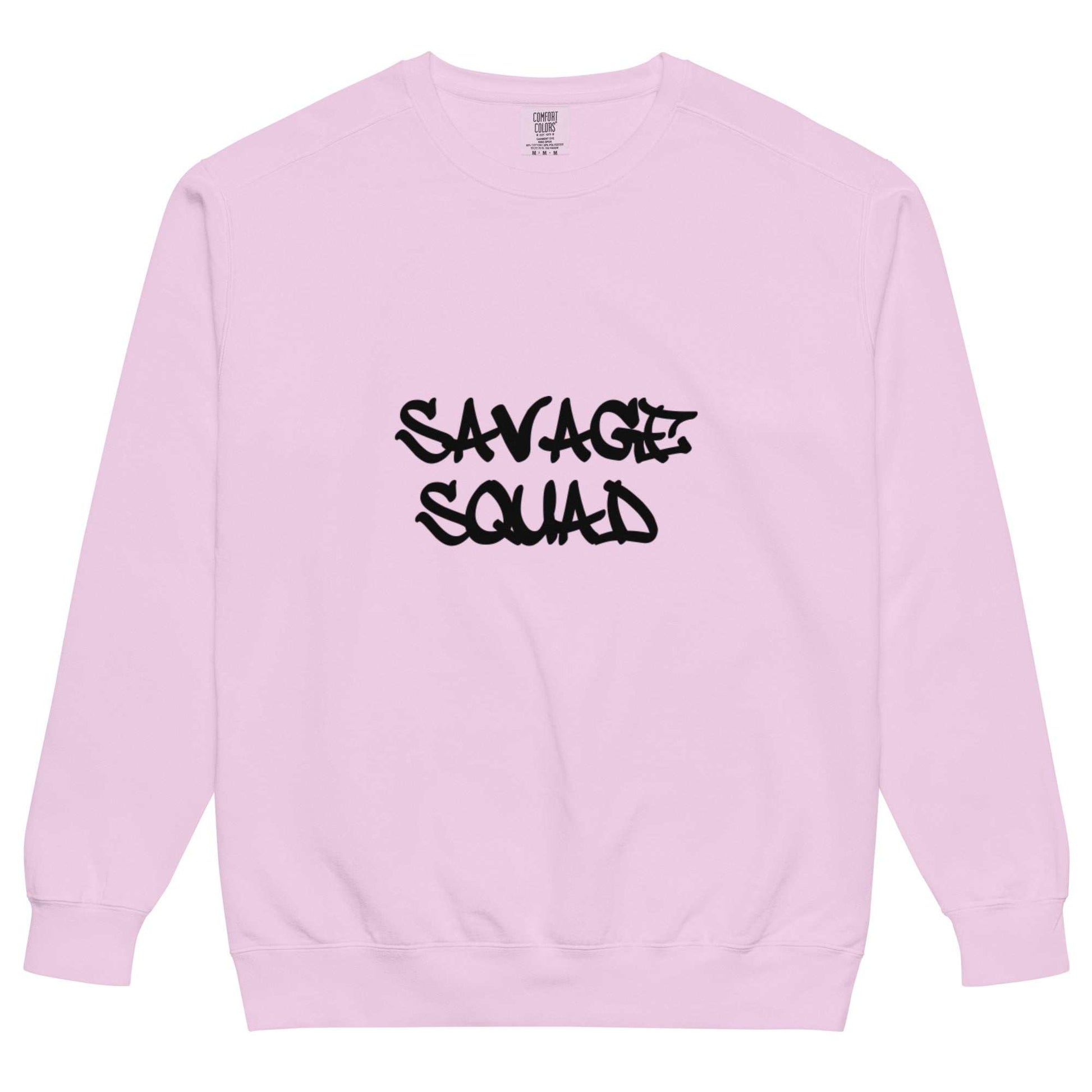 Vintage-inspired logo crewneck sweatshirt in pastel pink with "SAVAGE SQUAD" print.