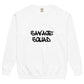 White crewneck sweatshirt with "Savage Squad" text in black, relaxed fit, vintage-washed colors.