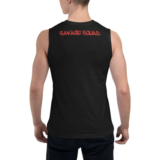 Men's Logo Tank with "Savage Squad" design on the back, soft black sleeveless style with relaxed fit and low-cut armholes.