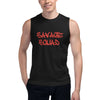 Men's Logo Tank in black with "Savage Squad" red lettering, sleeveless design, relaxed fit.