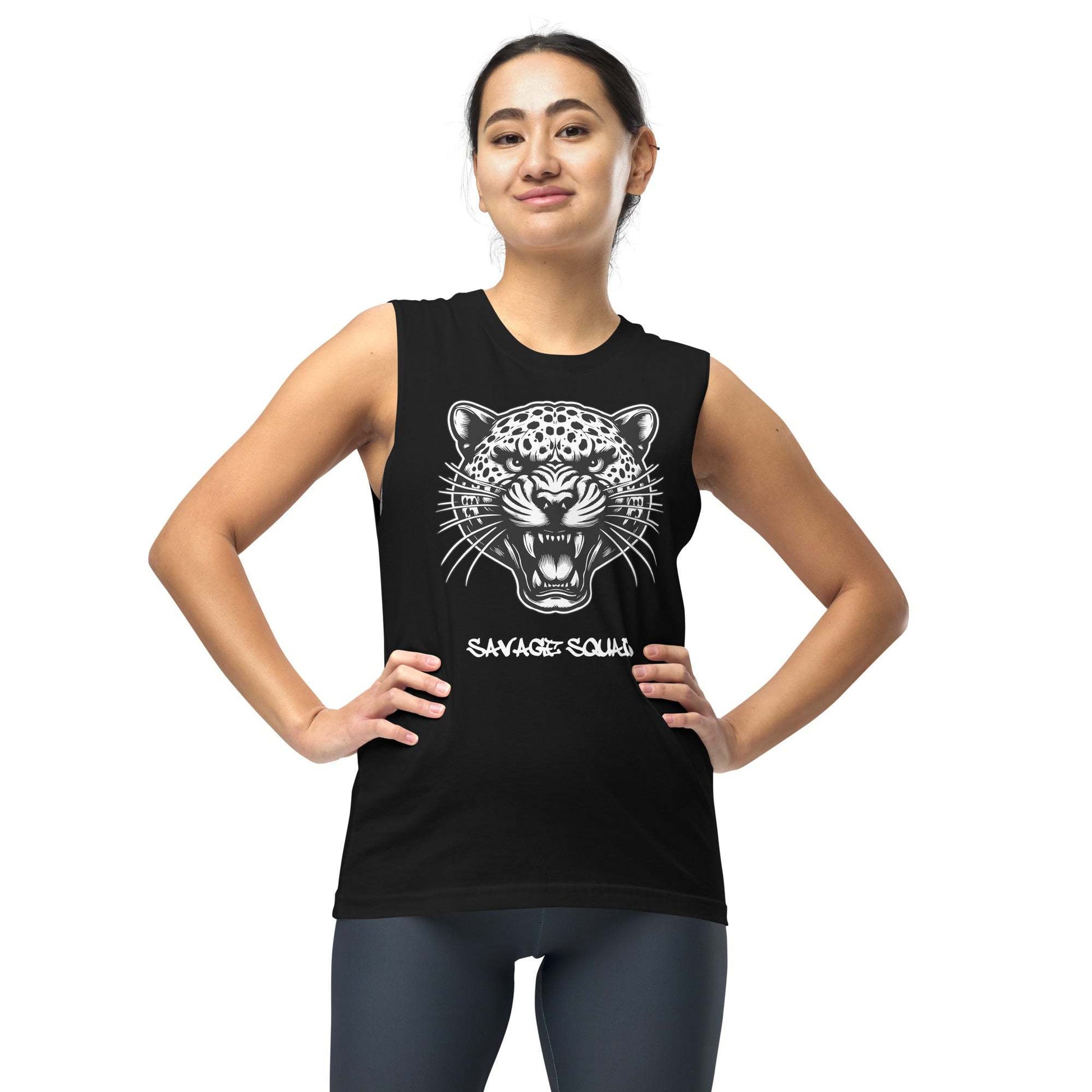 Women's black cheetah tank top with graphic design and wide armholes.