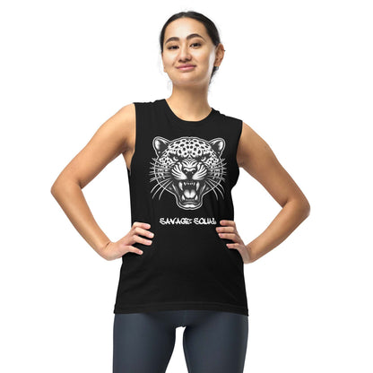 Women's black cheetah tank top with graphic design and wide armholes.
