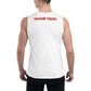 Men's Logo Tank in white, sleeveless with a relaxed fit, featuring "Savage Squad" in red text on the back.