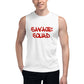Men's logo tank with "Savage Squad" text in red, sleeveless, relaxed fit, white color.