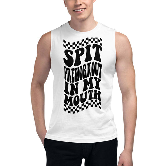 Men's Pre Work Out Tank with bold lettering, soft cotton fabric, relaxed fit, wide armholes, perfect for workouts.